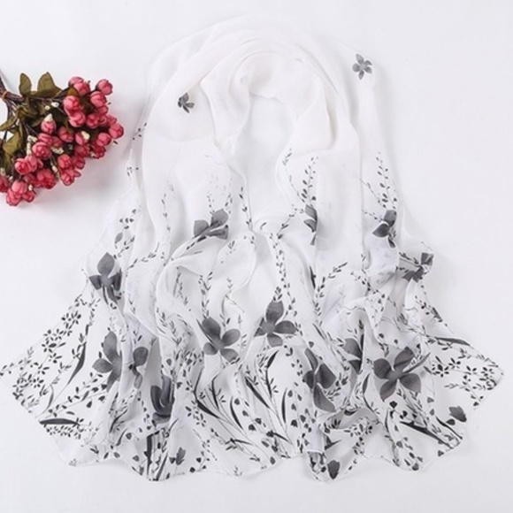 Accessories - White Chiffon Gray Floral Wrap Scarf Shawl